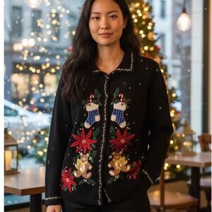 "Victoria Jones" Christmas Sweater Button Up Cardigan SZ XL Perfect Gift Ugly